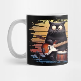 Retro Kitten Rock Band Cat Playing Drums and Guitar Mug